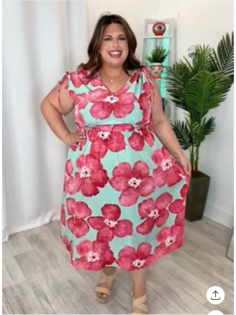 Plus Size Mint & Pink Floral V-Neck Midi Dress